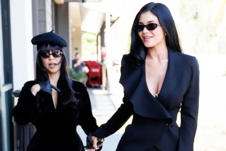 Kylie Jenner & Kourtney Kardashian Twin in Black Office Siren Outfits at Launch